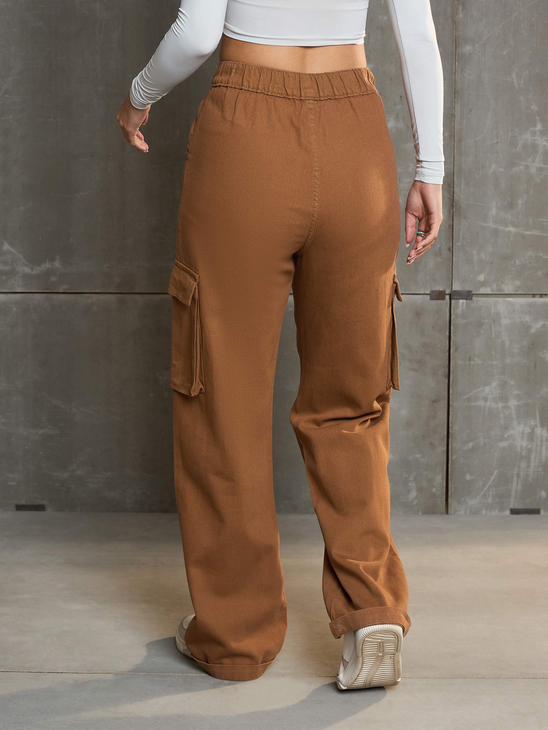 Tan Box Pockets Straight Cargo Pants-SASSAFRAS