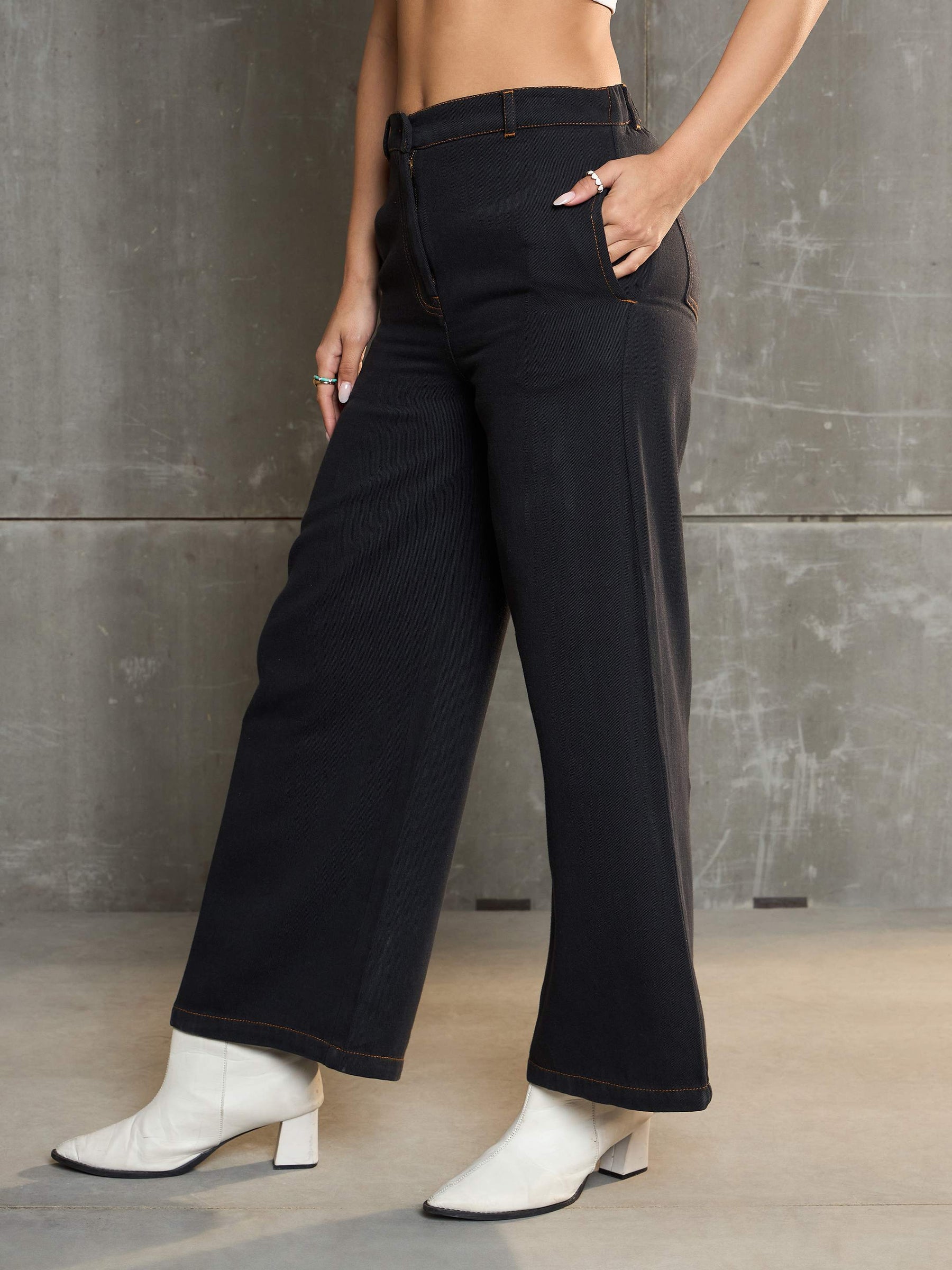 Charcoal Denim Flared Pants-SASSAFRAS