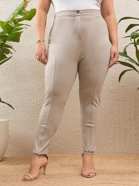 Light Beige Roma Front Zipper Mom Fit Pants-SASSAFRAS Curve