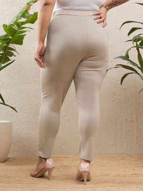 Light Beige Roma Front Zipper Mom Fit Pants-SASSAFRAS Curve