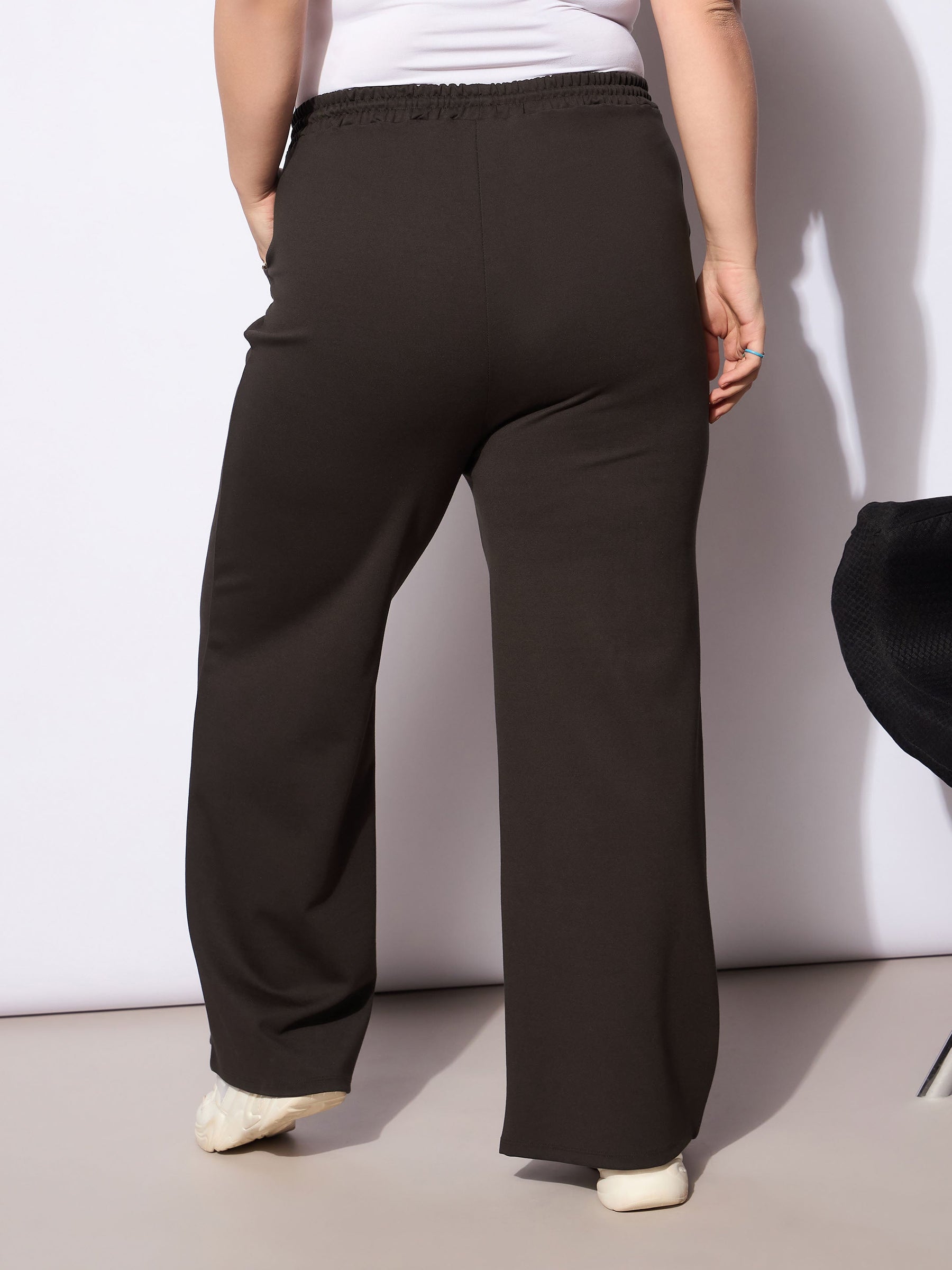 Dark Brown Roma Elasticated Straight Pants -SASSAFRAS Curve