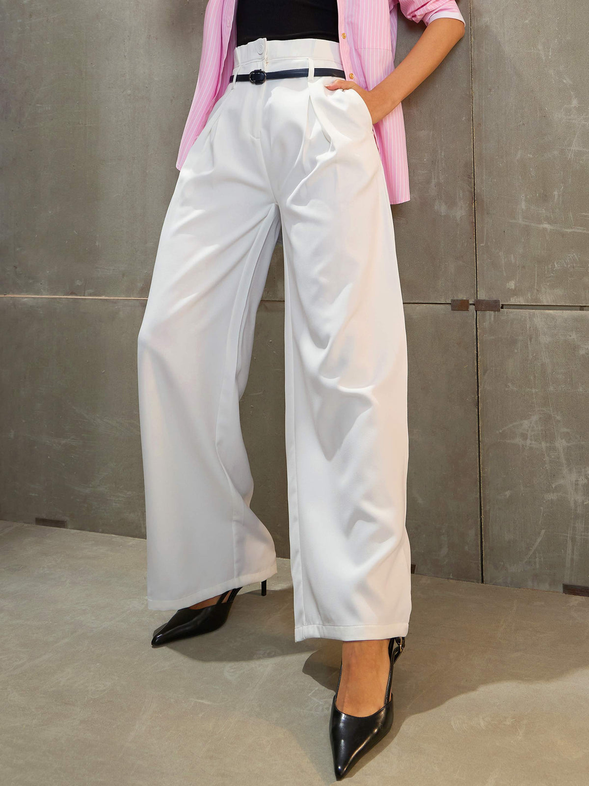 White Front Pleated High Rise Pants-SASSAFRAS