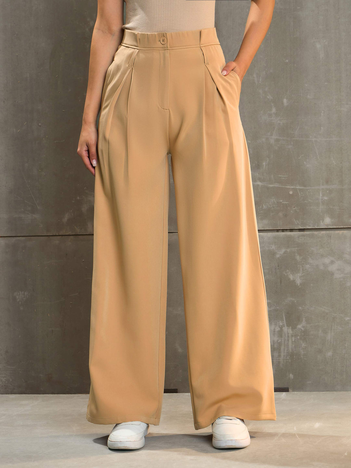 Beige Front Pleated High Rise Pants-SASSAFRAS