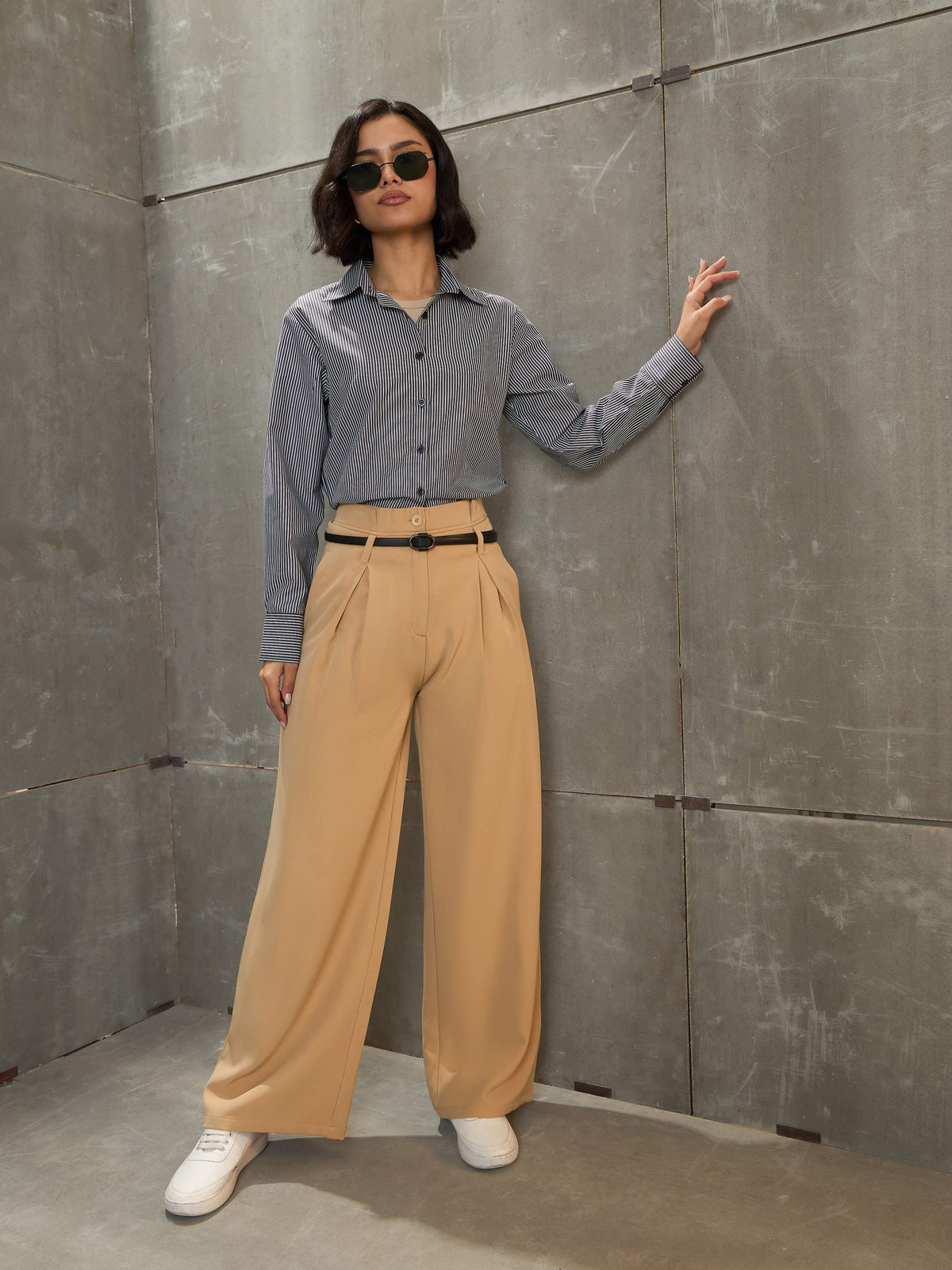 Beige Front Pleated High Rise Pants-SASSAFRAS