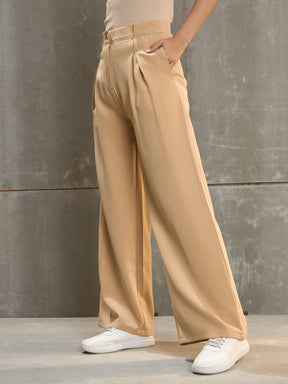 Beige Front Pleated High Rise Pants-SASSAFRAS