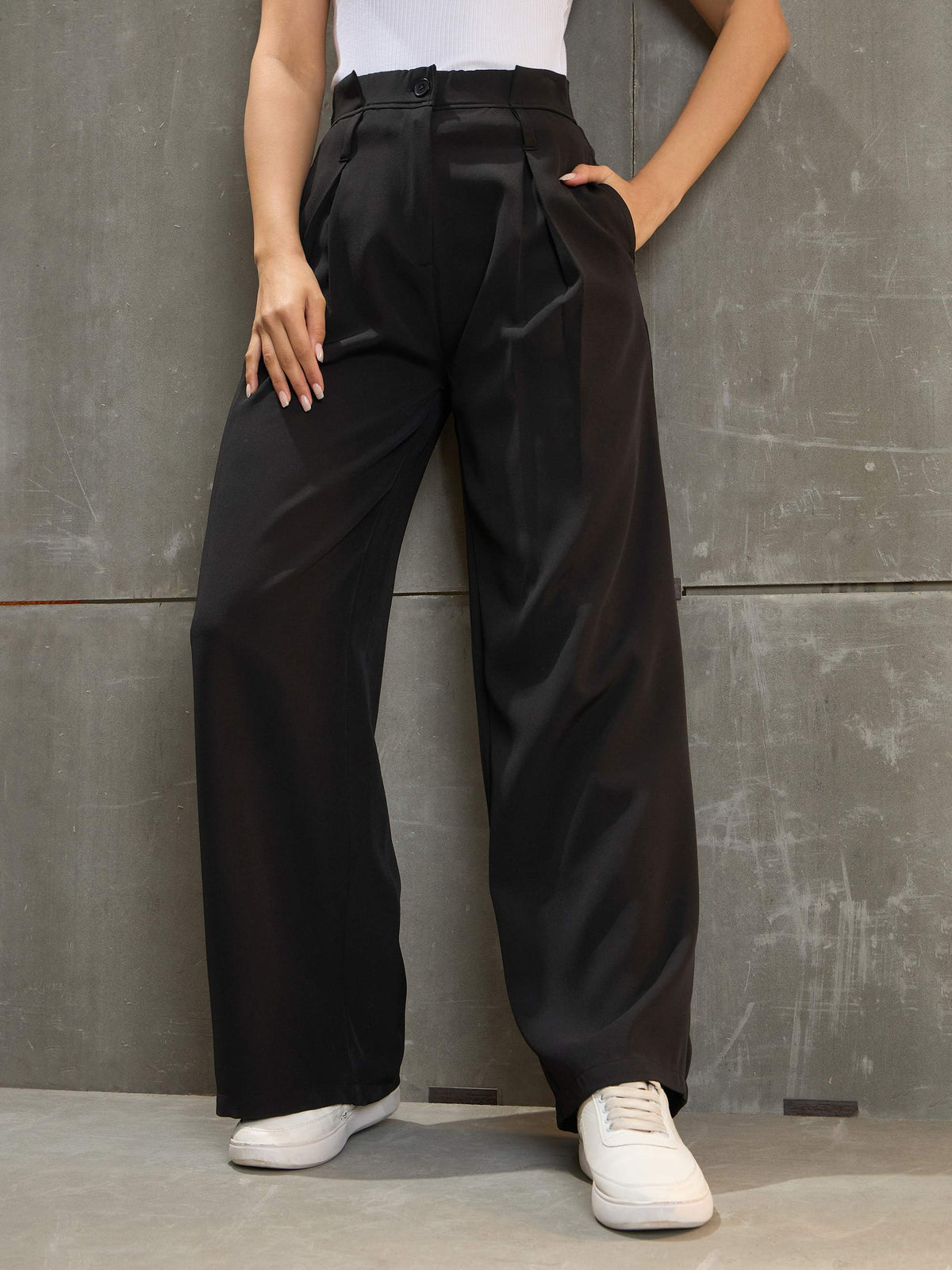 Black Front Pleated High Rise Pants-SASSAFRAS