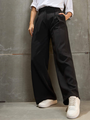 Black Front Pleated High Rise Pants-SASSAFRAS