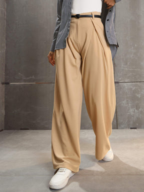 Beige Front Wrap Pleated Wide Leg Pants-SASSAFRAS