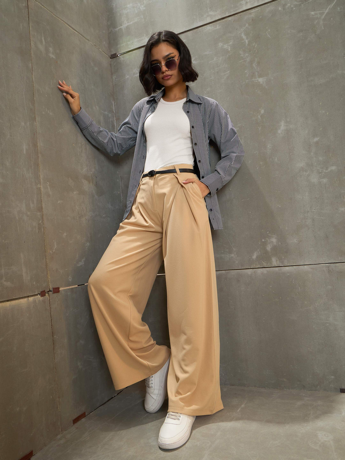 Beige Front Wrap Pleated Wide Leg Pants-SASSAFRAS