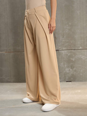 Beige Front Wrap Pleated Wide Leg Pants-SASSAFRAS