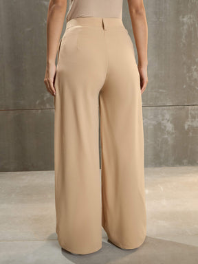 Beige Front Wrap Pleated Wide Leg Pants-SASSAFRAS