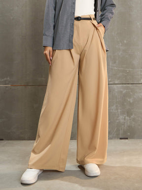 Beige Front Wrap Pleated Wide Leg Pants-SASSAFRAS