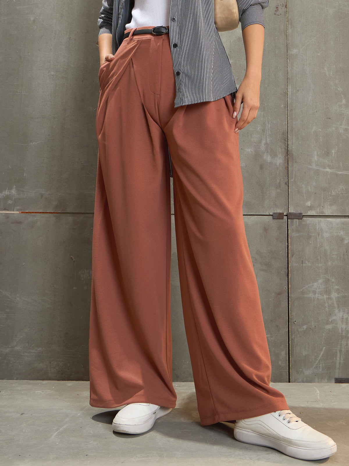 Rust Front Wrap Pleated Wide Leg Pants-SASSAFRAS