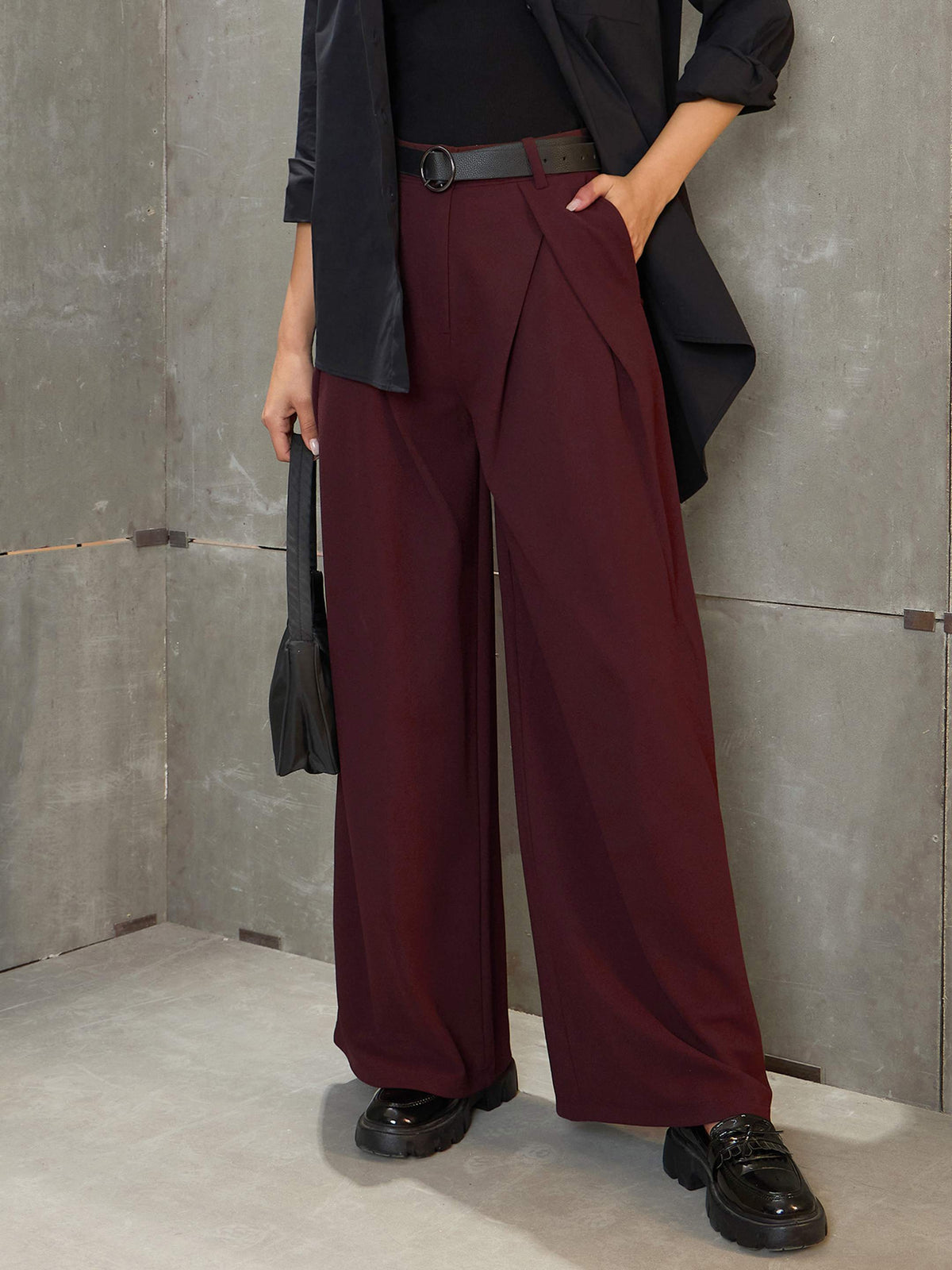 Brown Front Wrap Pleated Wide Leg Pants-SASSAFRAS