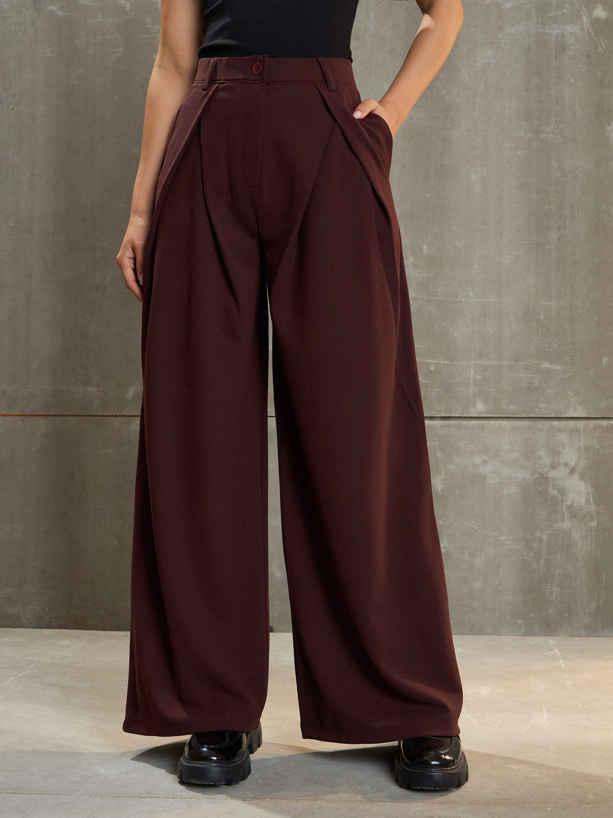 Brown Front Wrap Pleated Wide Leg Pants-SASSAFRAS