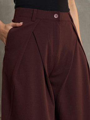 Brown Front Wrap Pleated Wide Leg Pants-SASSAFRAS