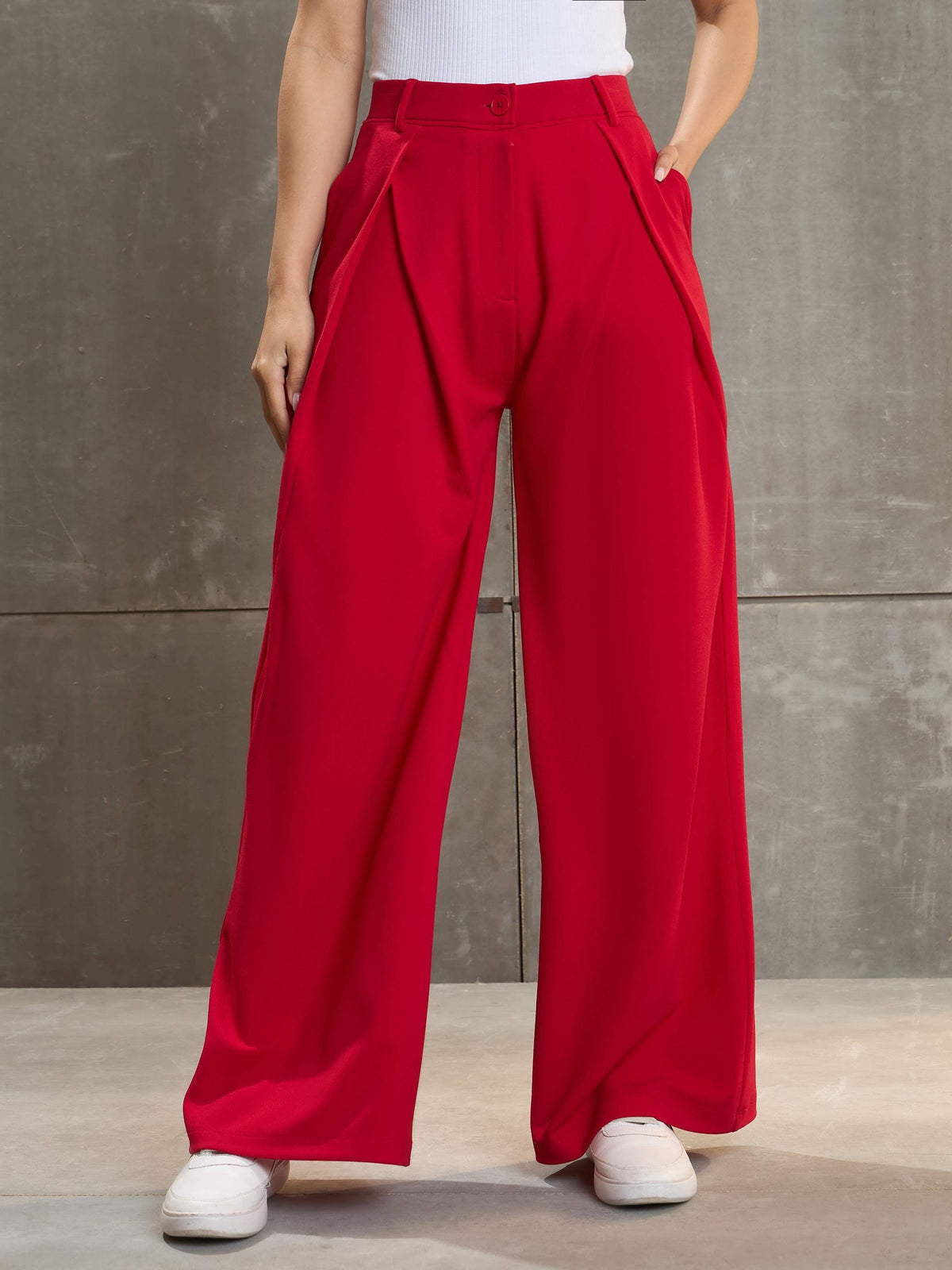 Red Front Wrap Pleated Wide Leg Pants-SASSAFRAS