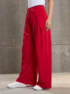 Red Front Wrap Pleated Wide Leg Pants-SASSAFRAS