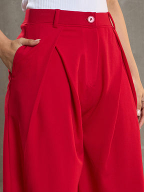 Red Front Wrap Pleated Wide Leg Pants-SASSAFRAS