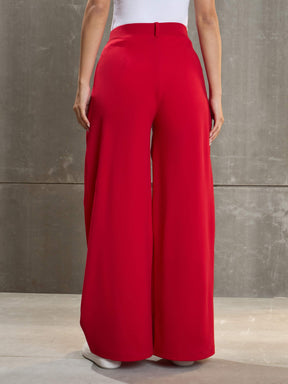 Red Front Wrap Pleated Wide Leg Pants-SASSAFRAS