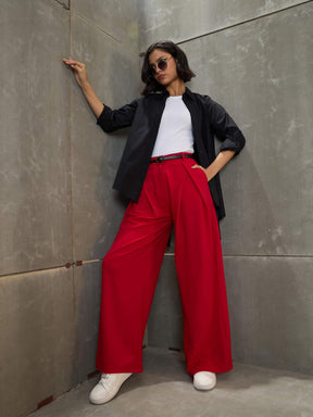 Red Front Wrap Pleated Wide Leg Pants-SASSAFRAS