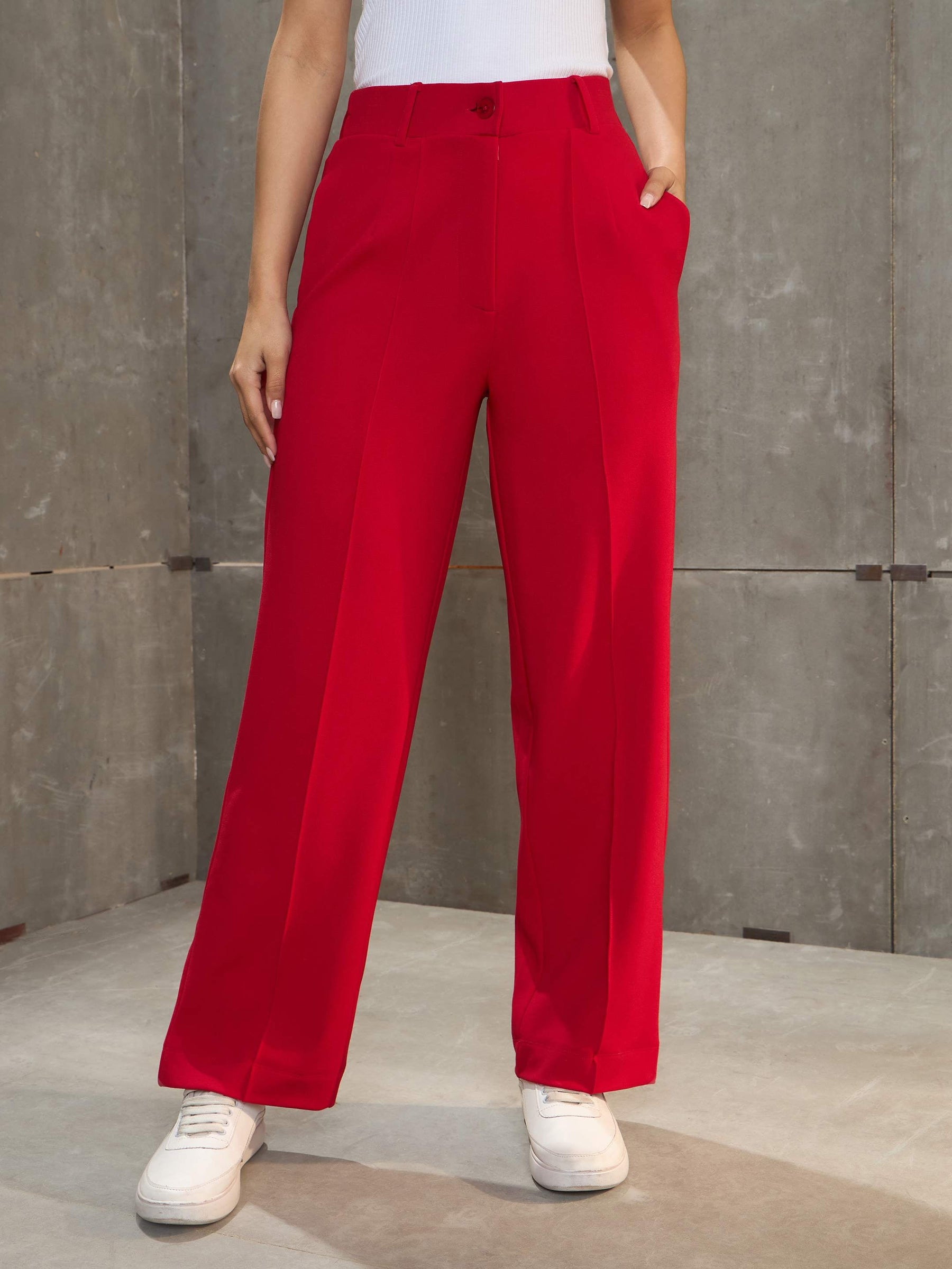 Red Front Darted Straight Pants-SASSAFRAS