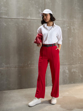 Red Front Darted Straight Pants-SASSAFRAS