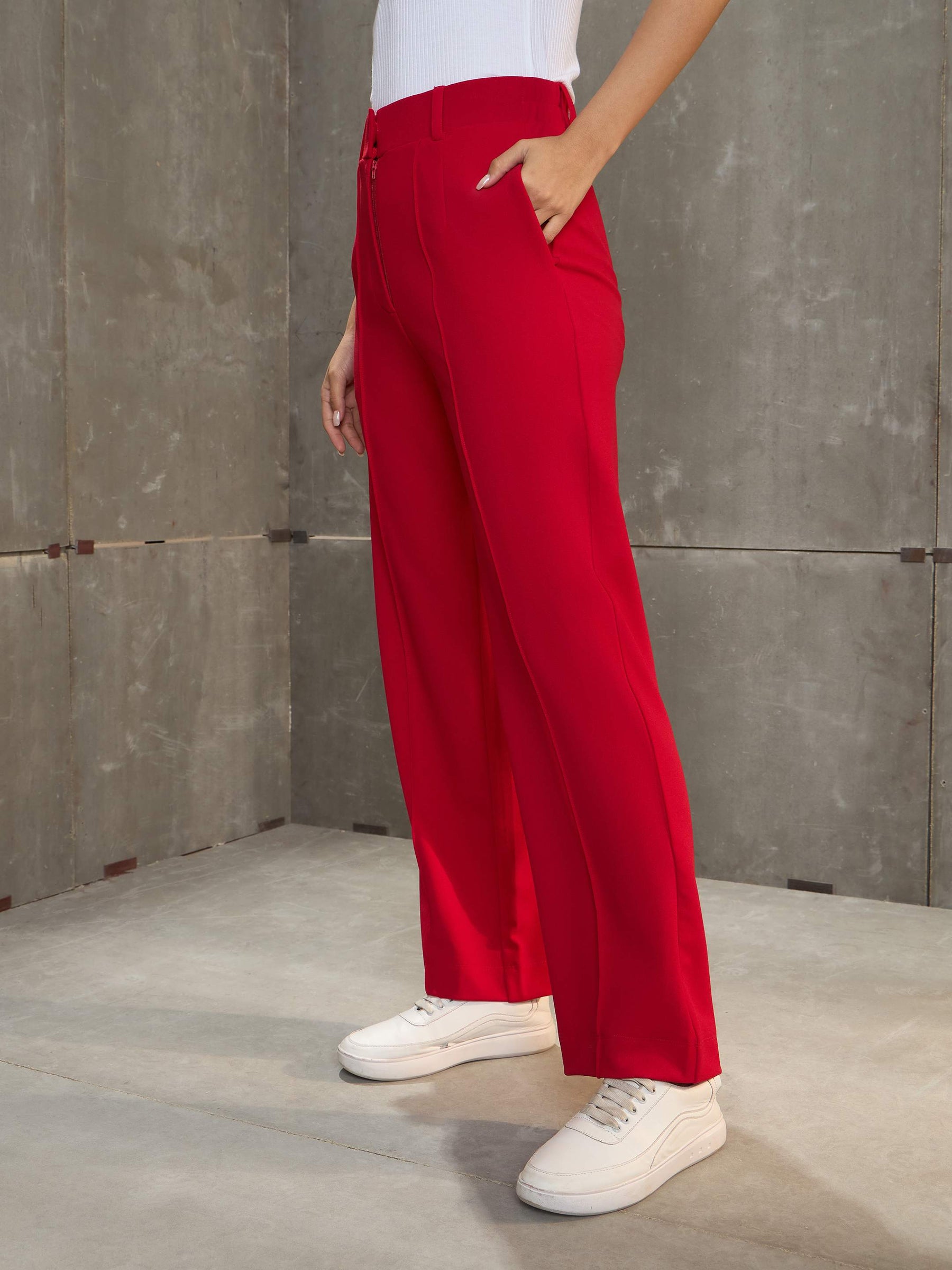 Red Front Darted Straight Pants-SASSAFRAS