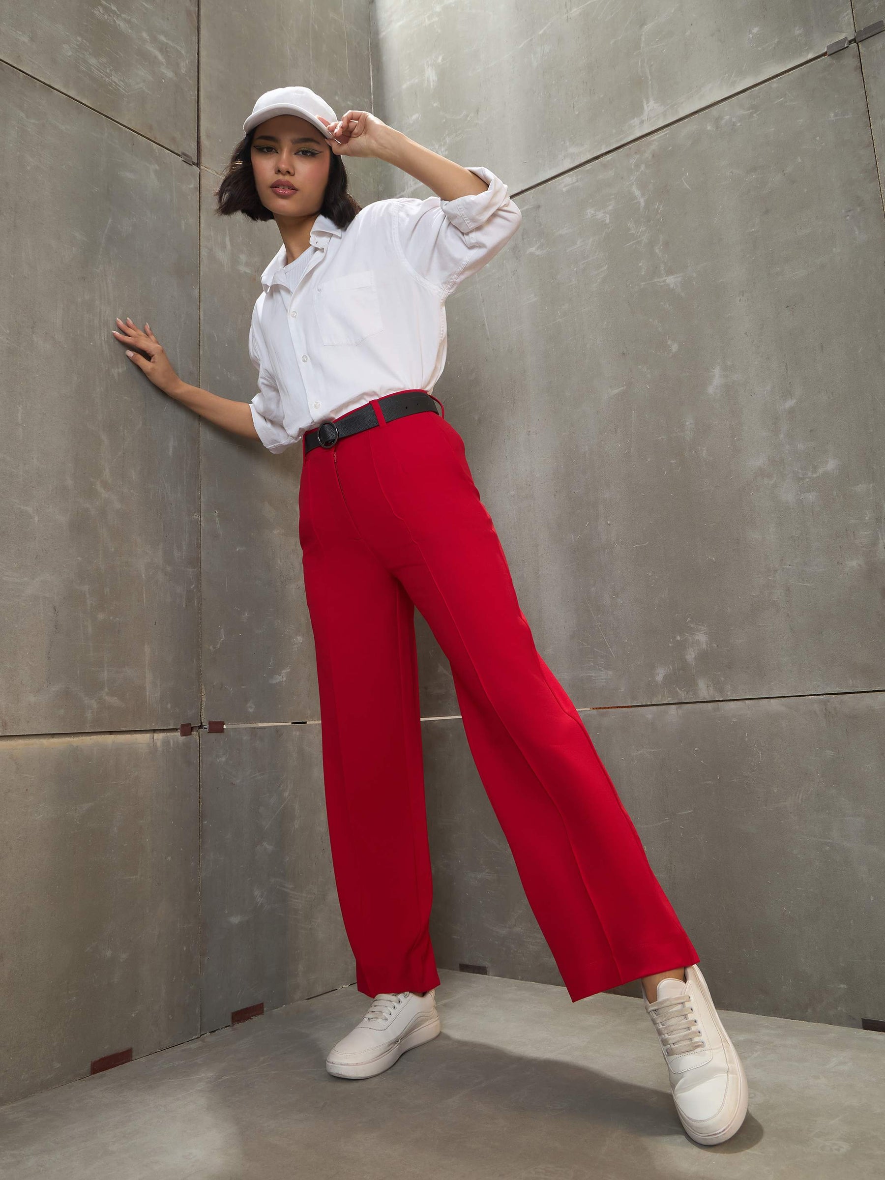 Red Front Darted Straight Pants-SASSAFRAS