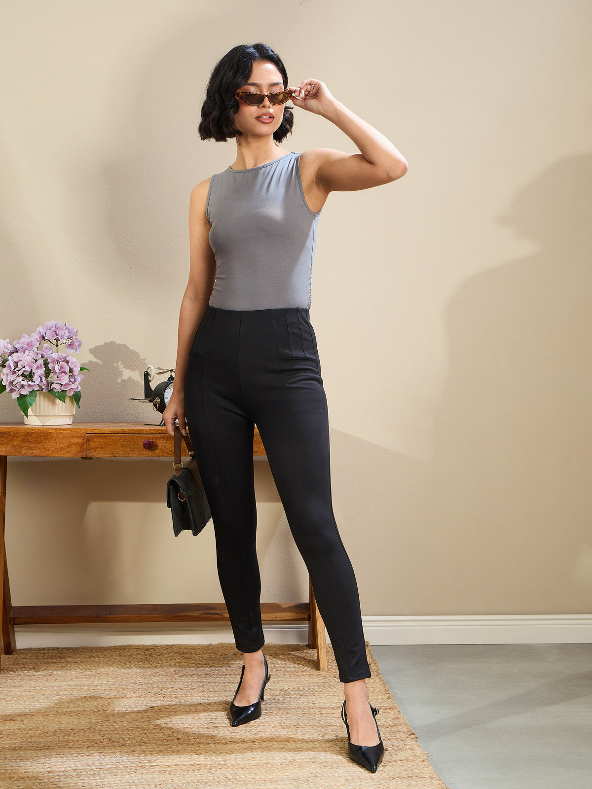 Black High Waist Slim Fit Pants-SASSAFRAS BASICS