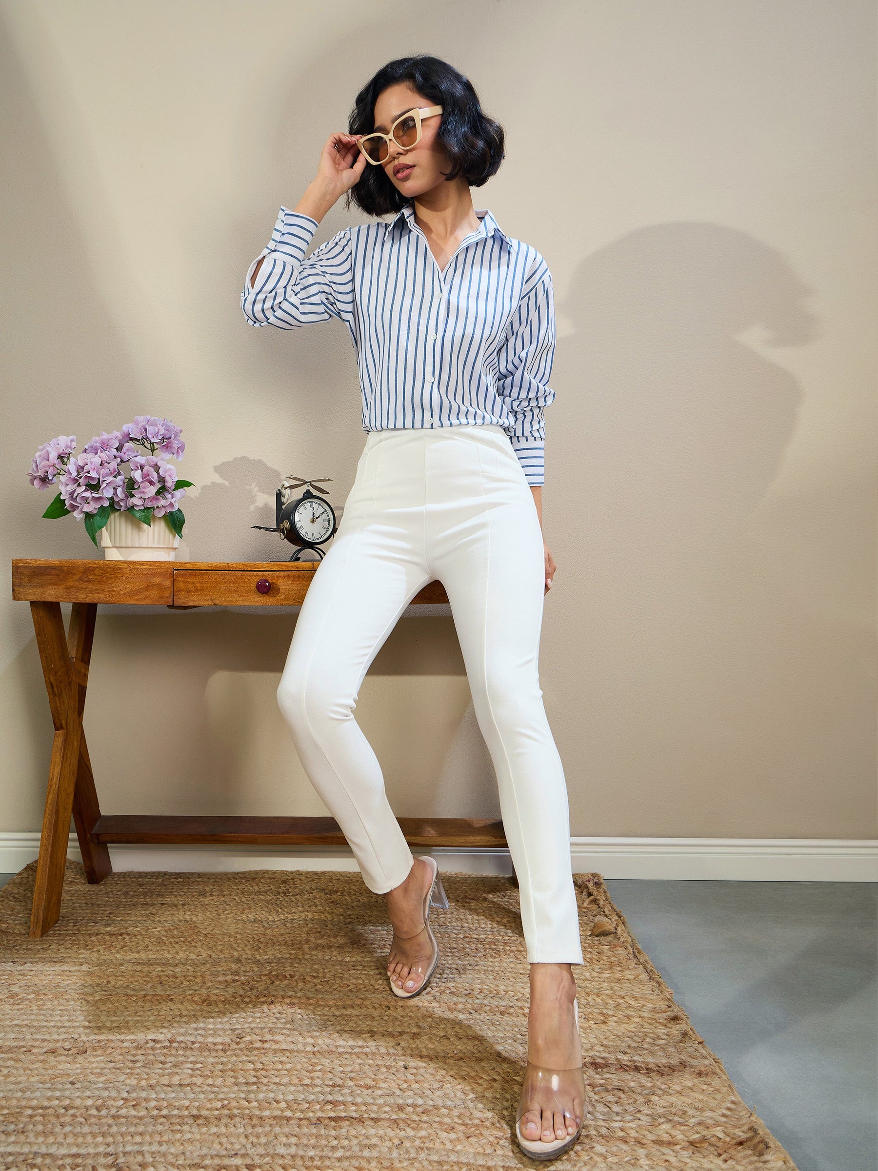 White High Waist Slim Fit Pants-SASSAFRAS BASICS