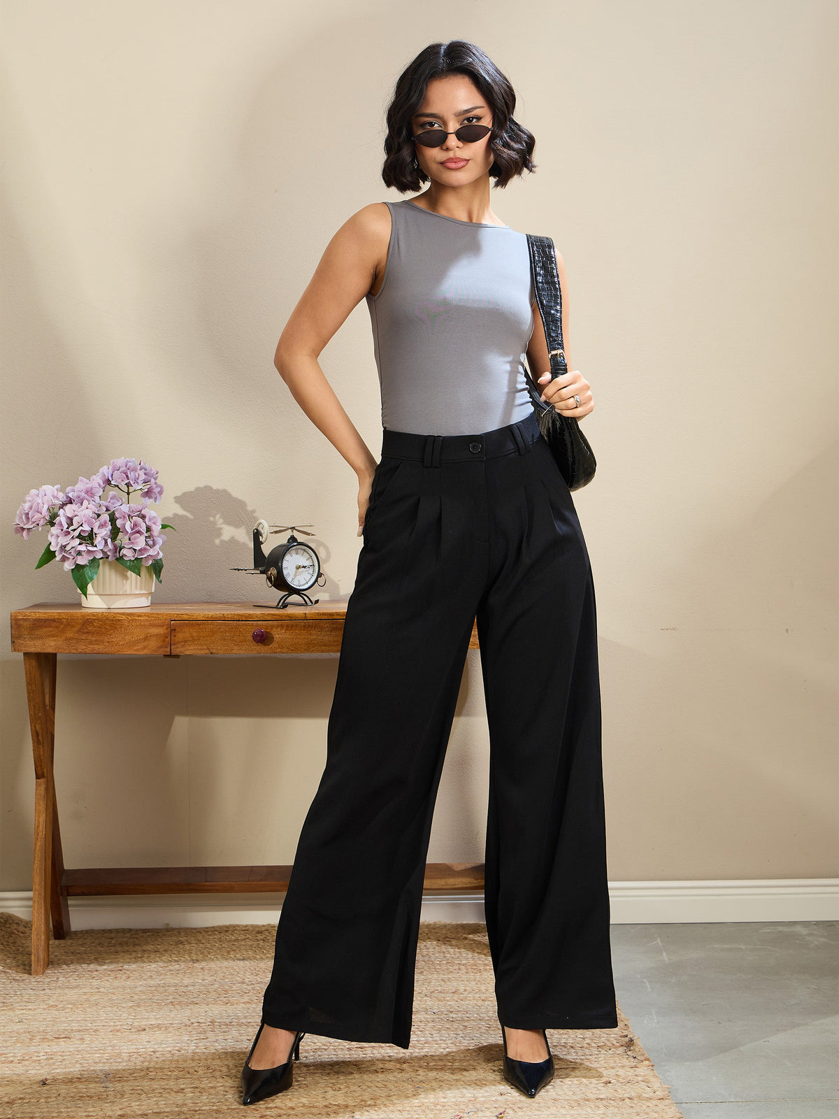 Black Double Loop Flared Pleated Pants-SASSAFRAS BASICS