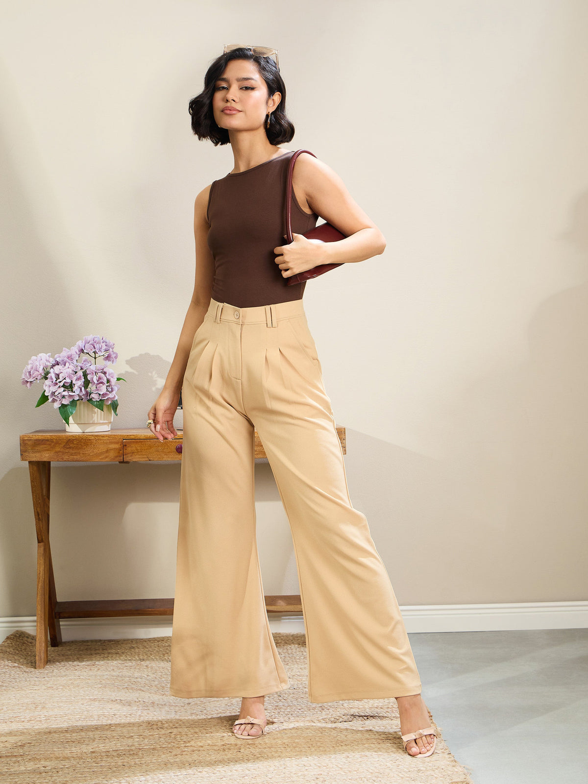 Beige Double Loop Flared Pleated Pants-SASSAFRAS BASICS