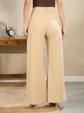 Beige Double Loop Flared Pleated Pants-SASSAFRAS BASICS