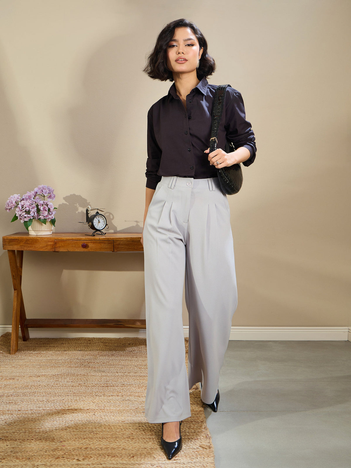 Grey Double Loop Flared Pleated Pants-SASSAFRAS BASICS