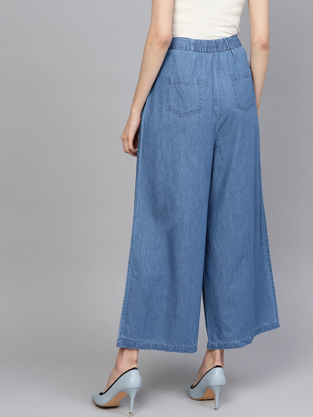 Buy Women Blue Solid High Rise Denim Parallel Trousers - Trousers