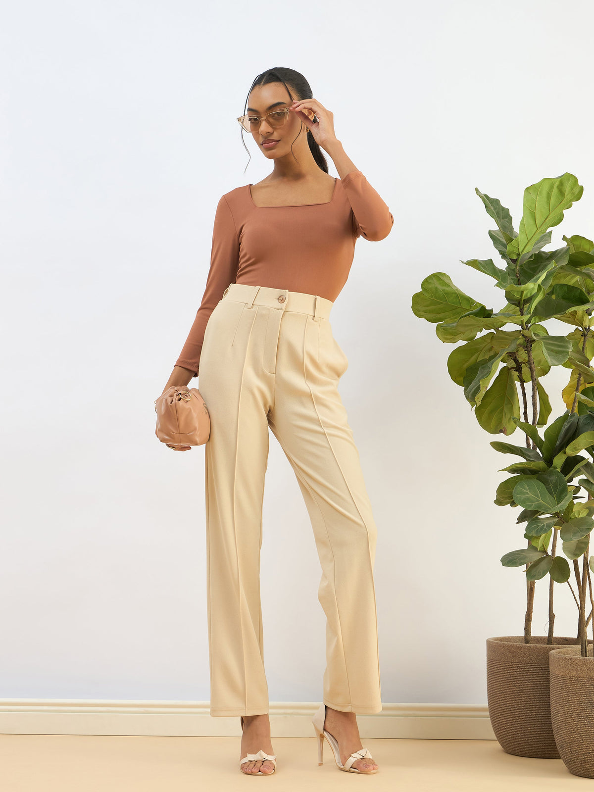 Beige Front Dart Straight Pants-SASSAFRAS BASICS