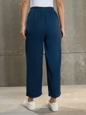 Women Navy Blue Twill Wide Leg Pants