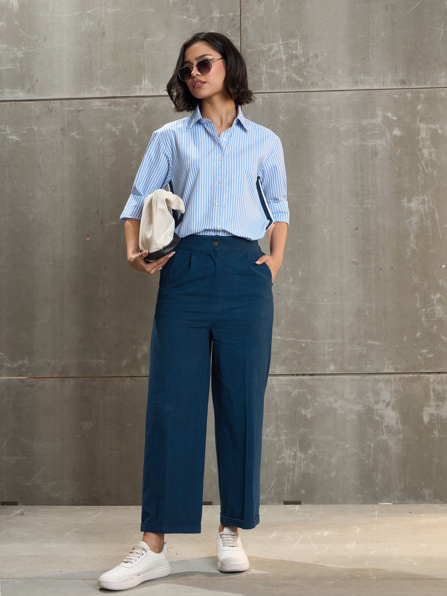 Women Navy Blue Twill Wide Leg Pants