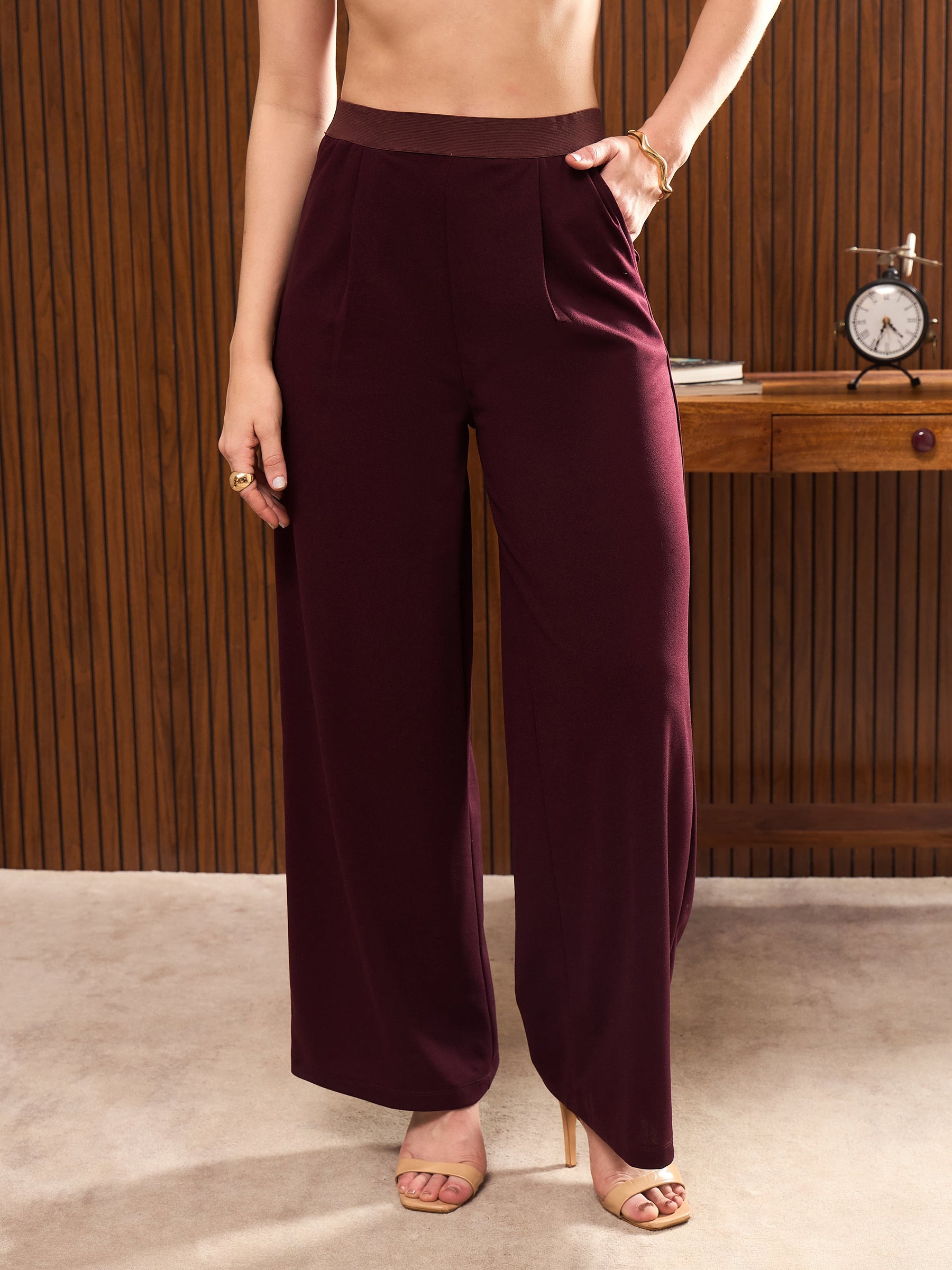 Maroon Elasticated Waist Pants-SASSAFRAS worklyf
