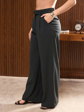 Grey Pleated Straight Fit Belted Pants-SASSAFRAS worklyf