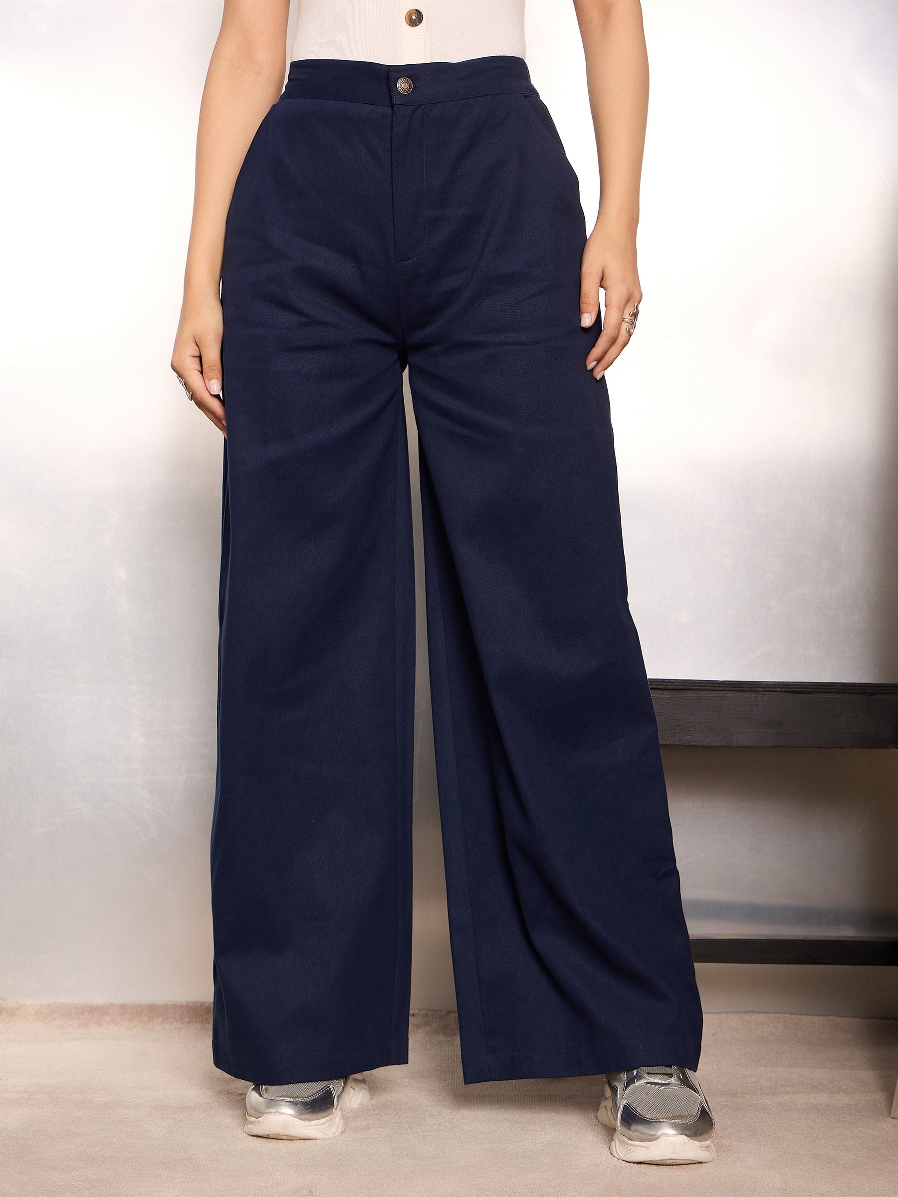 Women Navy Blue Twill Wide Leg Pants
