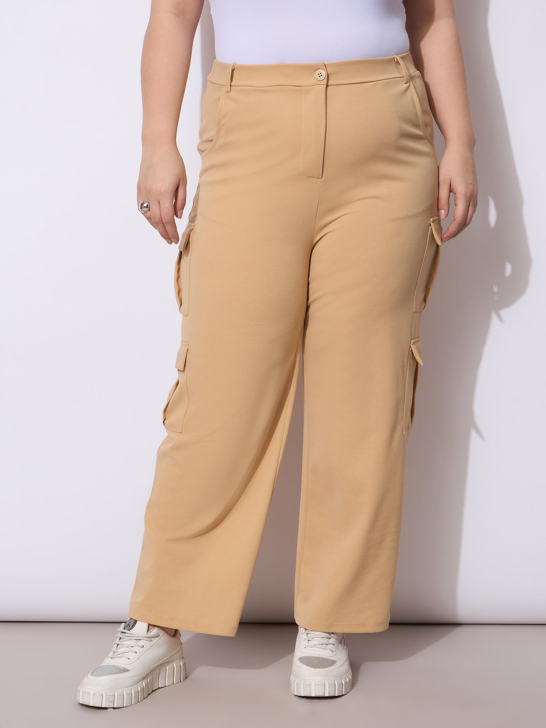 Women Beige Multi Pocket Cargo Pants - Main Image