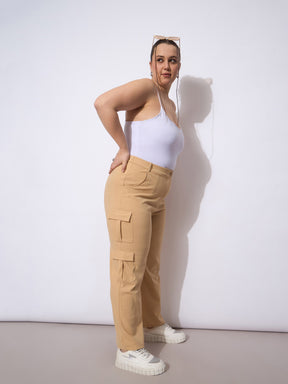 Beige Multi Pocket Cargo Pants-SASSAFRAS Curve