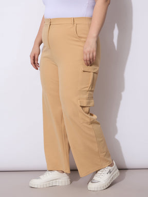 Beige Multi Pocket Cargo Pants-SASSAFRAS Curve