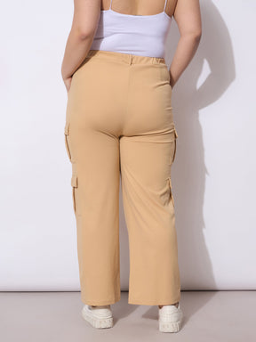 Beige Multi Pocket Cargo Pants-SASSAFRAS Curve