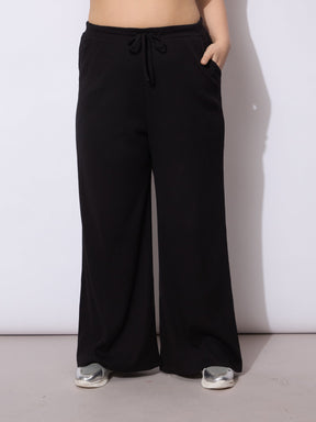 Black Rib Drawstring Straight Pants-SASSAFRAS Curve