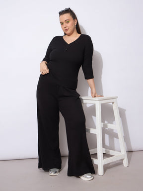 Black Rib Drawstring Straight Pants-SASSAFRAS Curve