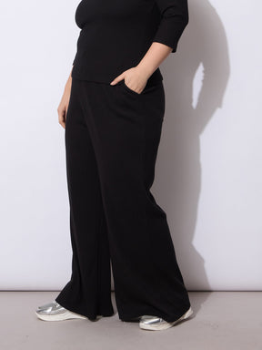 Black Rib Drawstring Straight Pants-SASSAFRAS Curve