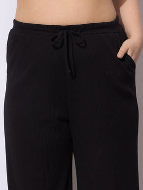 Black Rib Drawstring Straight Pants-SASSAFRAS Curve